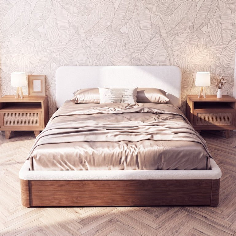 English Elm King Platform Bed Teddy Fleece Rounded Headboard Walnut Panels Two Storage Drawers N758K091011P