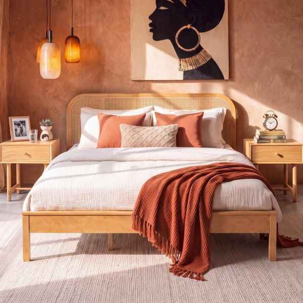 English Elm King Solid Pine Bed with Woven Rattan Headboard for Bohemian Coastal Bedrooms N758K119697N