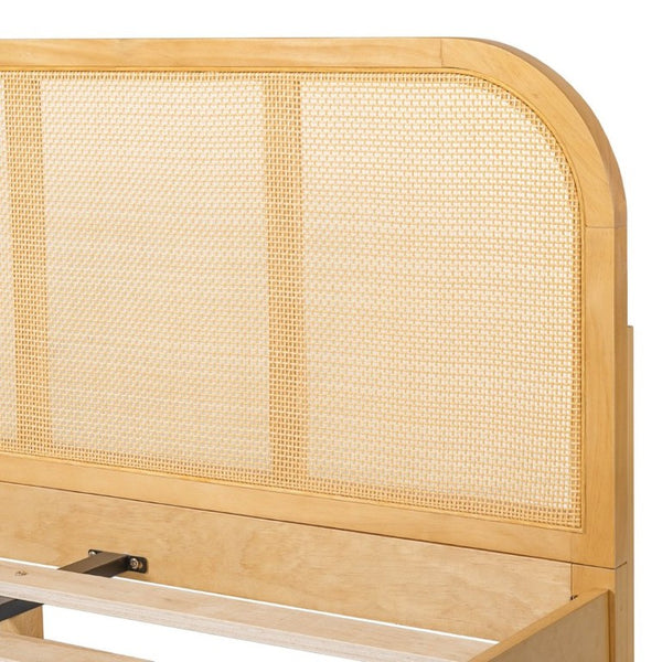 English Elm King Solid Pine Bed with Woven Rattan Headboard for Bohemian Coastal Bedrooms N758K119697N