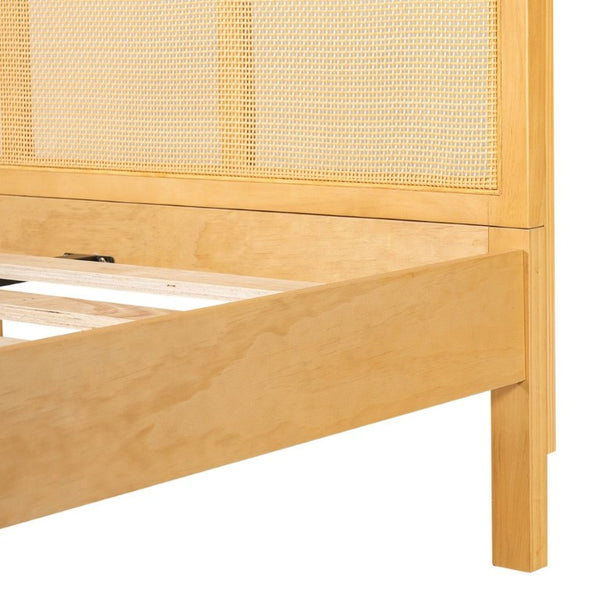 English Elm King Solid Pine Bed with Woven Rattan Headboard for Bohemian Coastal Bedrooms N758K119697N