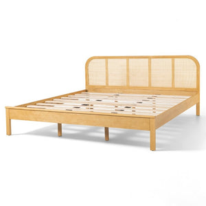 English Elm King Solid Pine Bed with Woven Rattan Headboard for Bohemian Coastal Bedrooms N758K119697N