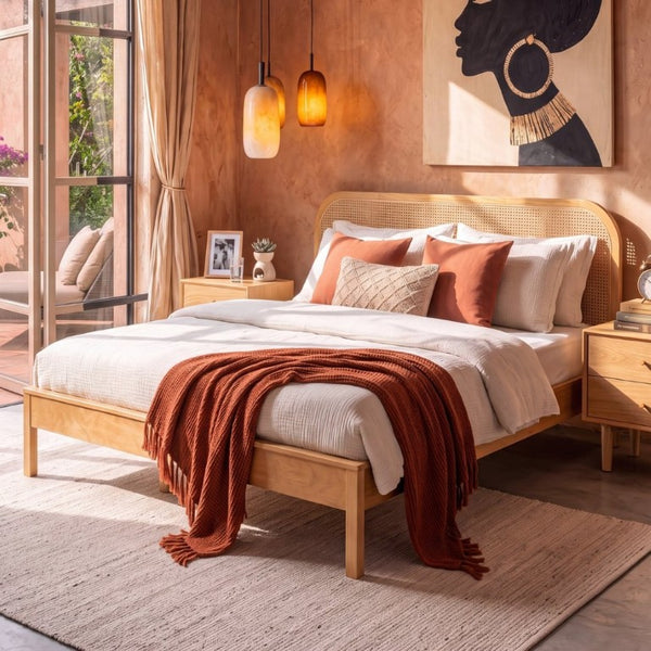 English Elm King Solid Pine Bed with Woven Rattan Headboard for Bohemian Coastal Bedrooms N758K119697N