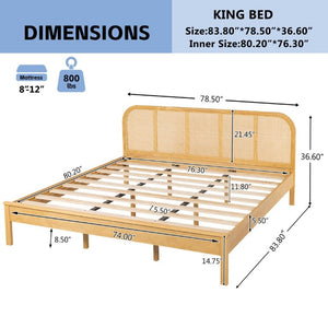 English Elm King Solid Pine Bed with Woven Rattan Headboard for Bohemian Coastal Bedrooms N758K119697N