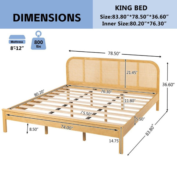 English Elm King Solid Pine Bed with Woven Rattan Headboard for Bohemian Coastal Bedrooms N758K119697N