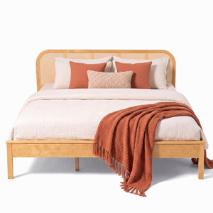 English Elm King Solid Pine Bed with Woven Rattan Headboard for Bohemian Coastal Bedrooms N758K119697N
