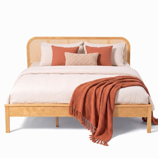 English Elm King Solid Pine Bed with Woven Rattan Headboard for Bohemian Coastal Bedrooms N758K119697N