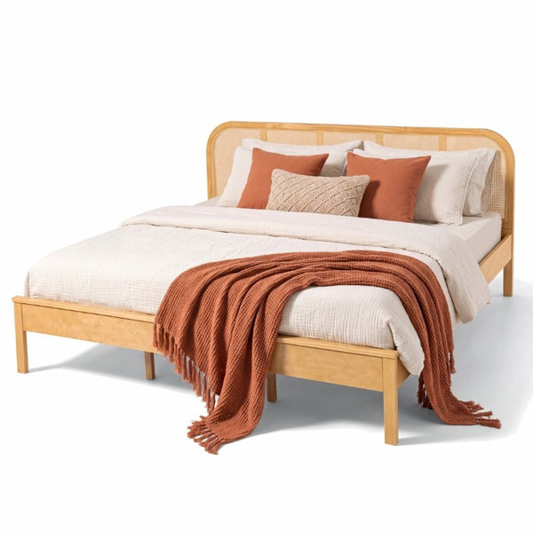 English Elm King Solid Pine Bed with Woven Rattan Headboard for Bohemian Coastal Bedrooms N758K119697N