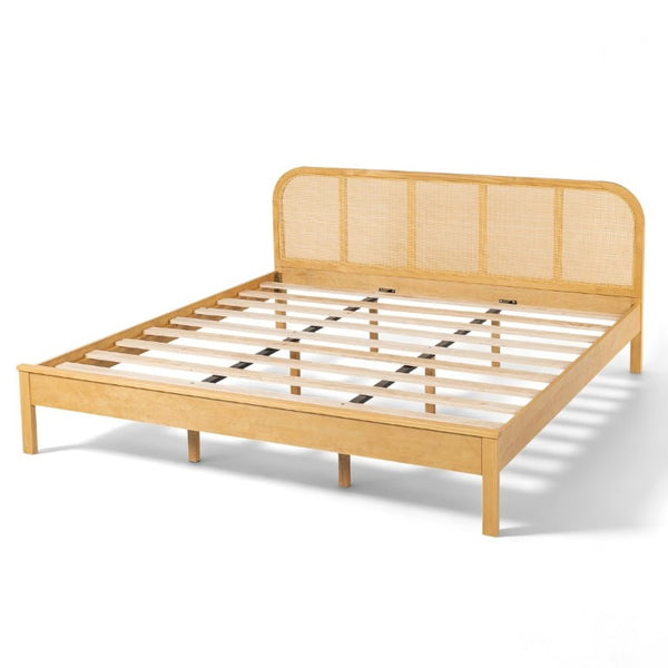 English Elm King Solid Pine Bed with Woven Rattan Headboard for Bohemian Coastal Bedrooms N758K119697N