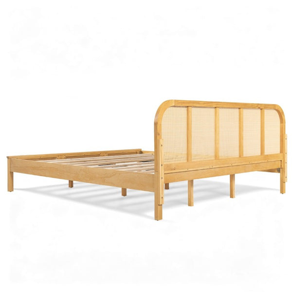English Elm King Solid Pine Bed with Woven Rattan Headboard for Bohemian Coastal Bedrooms N758K119697N