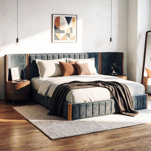English Elm King Velvet Platform Bed Wingback Tufted Headboard with Built-in Usb Charging Ports N758K556768N