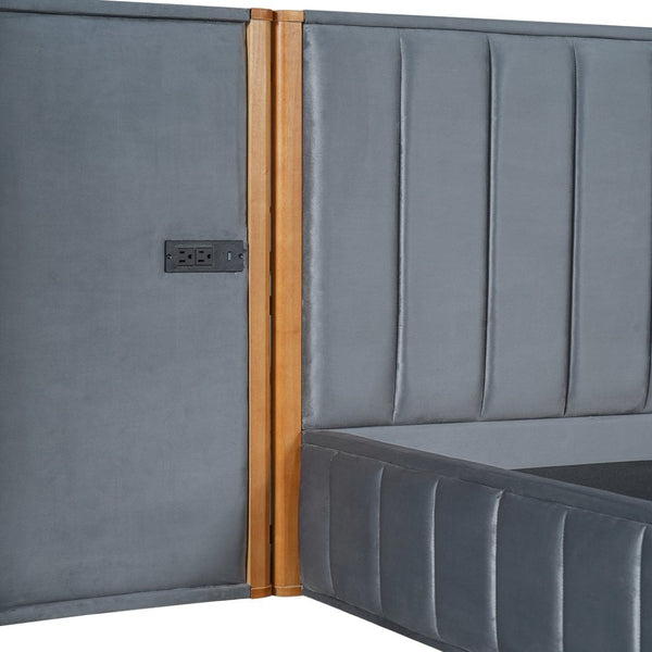 English Elm King Velvet Platform Bed Wingback Tufted Headboard with Built-in Usb Charging Ports N758K556768N