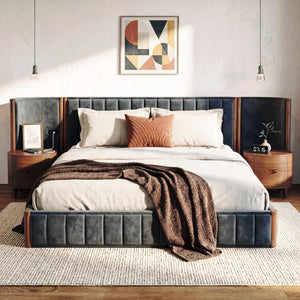 English Elm King Velvet Platform Bed Wingback Tufted Headboard with Built-in Usb Charging Ports N758K556768N