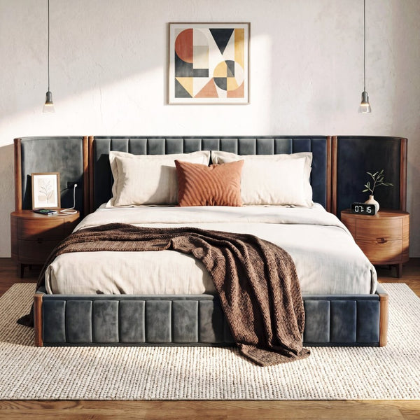 English Elm King Velvet Platform Bed Wingback Tufted Headboard with Built-in Usb Charging Ports N758K556768N