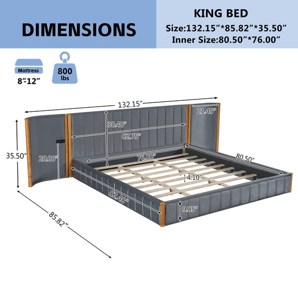 English Elm King Velvet Platform Bed Wingback Tufted Headboard with Built-in Usb Charging Ports N758K556768N