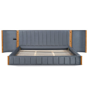 English Elm King Velvet Platform Bed Wingback Tufted Headboard with Built-in Usb Charging Ports N758K556768N