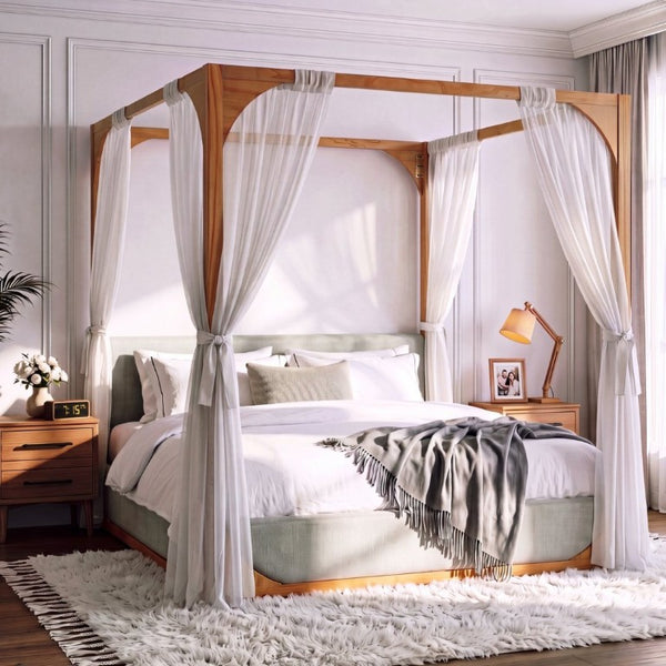English Elm King Upholstered Canopy Bed Natural Wood Four Poster Frame with Light Grey Fabric Rails N758K558485N