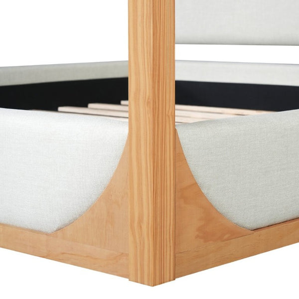 English Elm King Upholstered Canopy Bed Natural Wood Four Poster Frame with Light Grey Fabric Rails N758K558485N