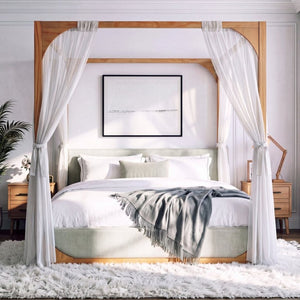 English Elm King Upholstered Canopy Bed Natural Wood Four Poster Frame with Light Grey Fabric Rails N758K558485N