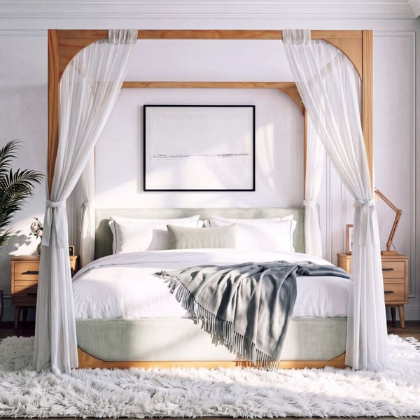 English Elm King Upholstered Canopy Bed Natural Wood Four Poster Frame with Light Grey Fabric Rails N758K558485N