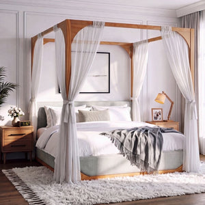 English Elm King Upholstered Canopy Bed Natural Wood Four Poster Frame with Light Grey Fabric Rails N758K558485N