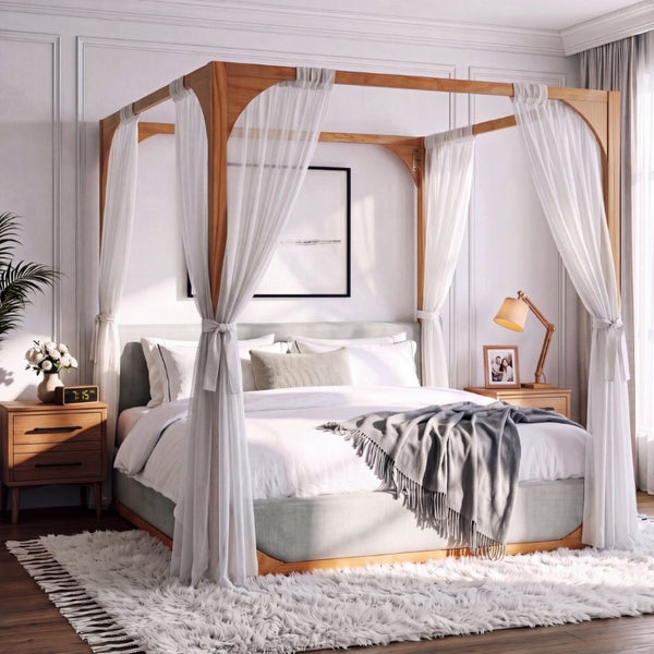 English Elm King Upholstered Canopy Bed Natural Wood Four Poster Frame with Light Grey Fabric Rails N758K558485N