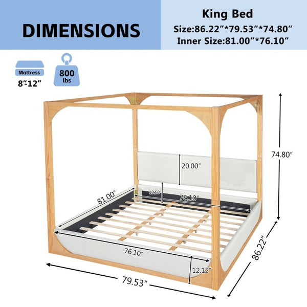 English Elm King Upholstered Canopy Bed Natural Wood Four Poster Frame with Light Grey Fabric Rails N758K558485N