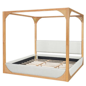 English Elm King Upholstered Canopy Bed Natural Wood Four Poster Frame with Light Grey Fabric Rails N758K558485N