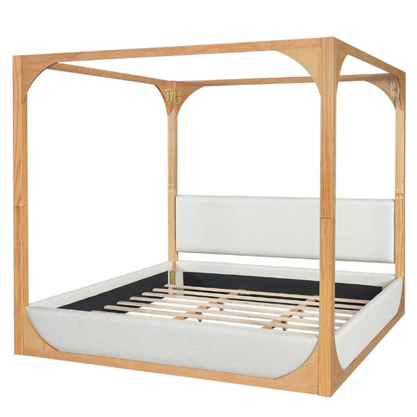 English Elm King Upholstered Canopy Bed Natural Wood Four Poster Frame with Light Grey Fabric Rails N758K558485N