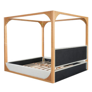 English Elm King Upholstered Canopy Bed Natural Wood Four Poster Frame with Light Grey Fabric Rails N758K558485N