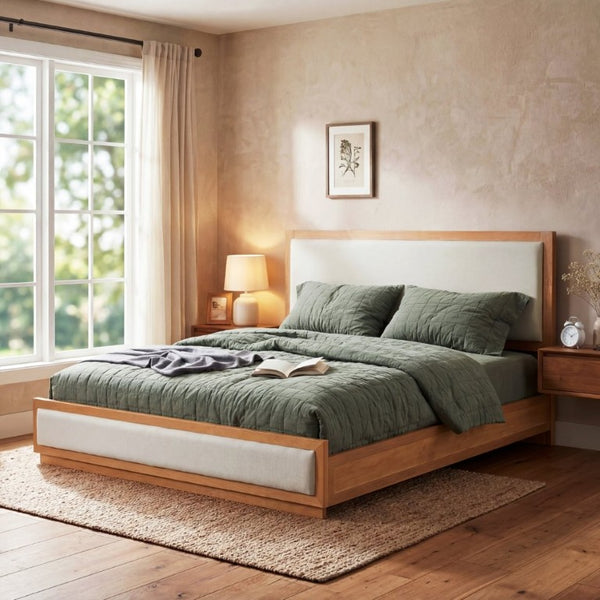 English Elm King Platform Bed Solid Rubberwood Low Profile Upholstered Headboard Modern Farmhouse N758K559495N