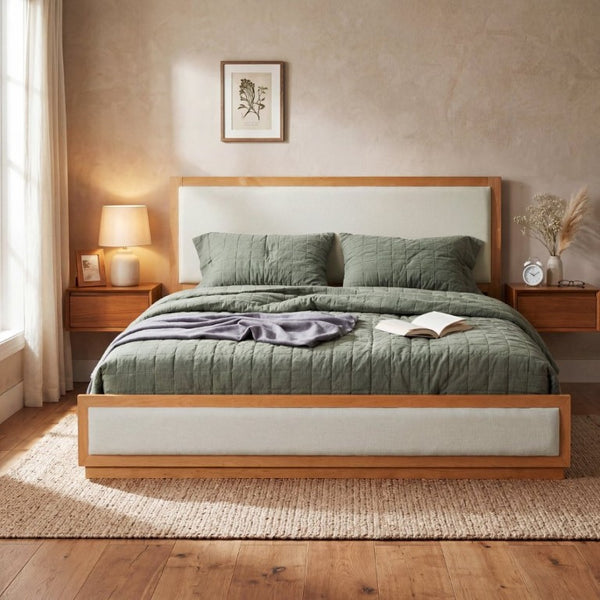 English Elm King Platform Bed Solid Rubberwood Low Profile Upholstered Headboard Modern Farmhouse N758K559495N