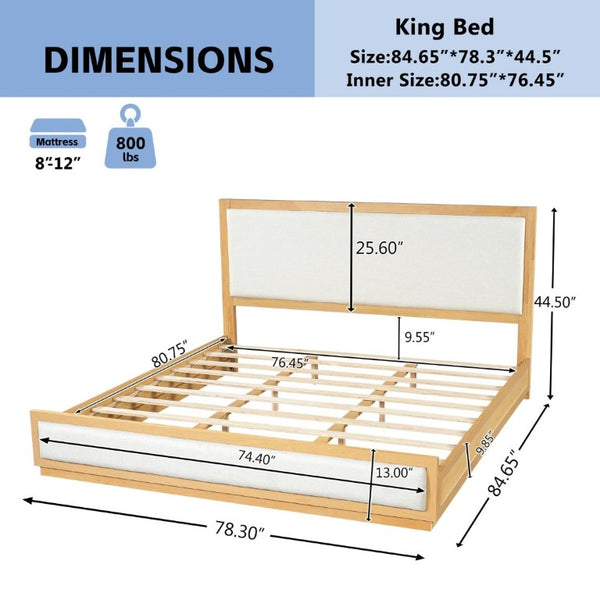 English Elm King Platform Bed Solid Rubberwood Low Profile Upholstered Headboard Modern Farmhouse N758K559495N