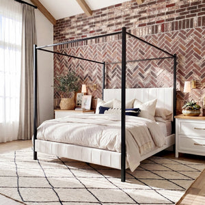 English Elm King Canopy Bed Matte Black Four Post Frame with Tufted Upholstered Headboard N758K646465W