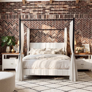 English Elm King Canopy Bed Matte Black Four Post Frame with Tufted Upholstered Headboard N758K646465W