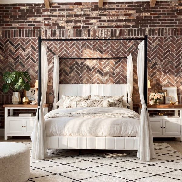English Elm King Canopy Bed Matte Black Four Post Frame with Tufted Upholstered Headboard N758K646465W