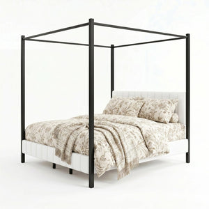 English Elm King Canopy Bed Matte Black Four Post Frame with Tufted Upholstered Headboard N758K646465W