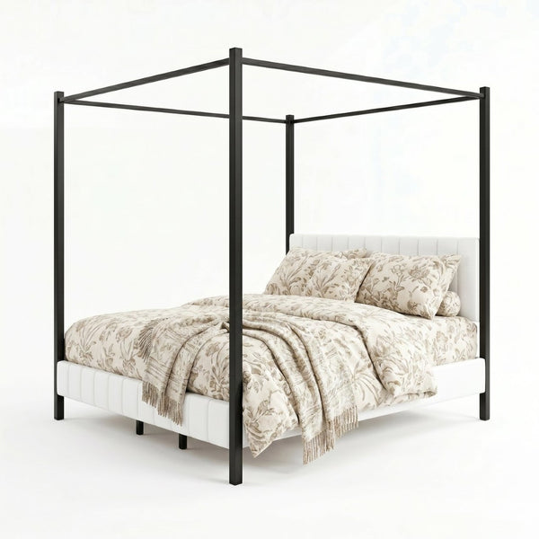 English Elm King Canopy Bed Matte Black Four Post Frame with Tufted Upholstered Headboard N758K646465W