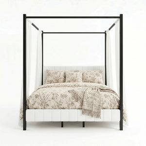 English Elm King Canopy Bed Matte Black Four Post Frame with Tufted Upholstered Headboard N758K646465W