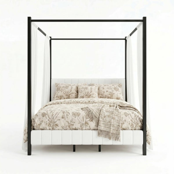 English Elm King Canopy Bed Matte Black Four Post Frame with Tufted Upholstered Headboard N758K646465W