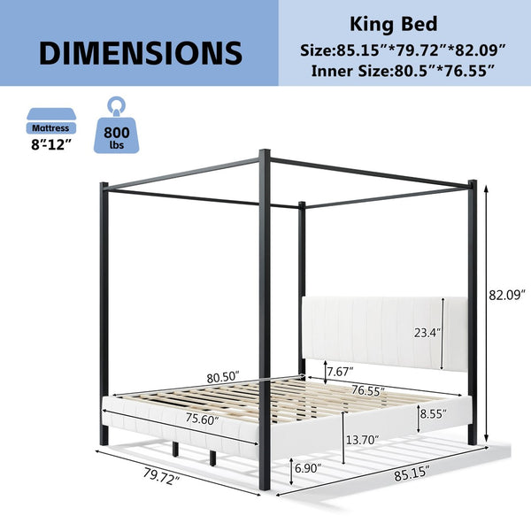 English Elm King Canopy Bed Matte Black Four Post Frame with Tufted Upholstered Headboard N758K646465W