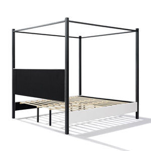 English Elm King Canopy Bed Matte Black Four Post Frame with Tufted Upholstered Headboard N758K646465W