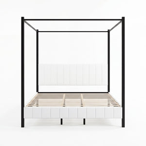 English Elm King Canopy Bed Matte Black Four Post Frame with Tufted Upholstered Headboard N758K646465W