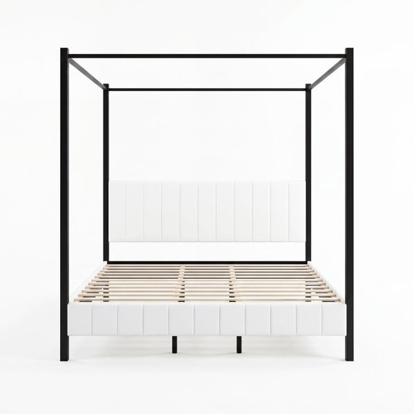 English Elm King Canopy Bed Matte Black Four Post Frame with Tufted Upholstered Headboard N758K646465W