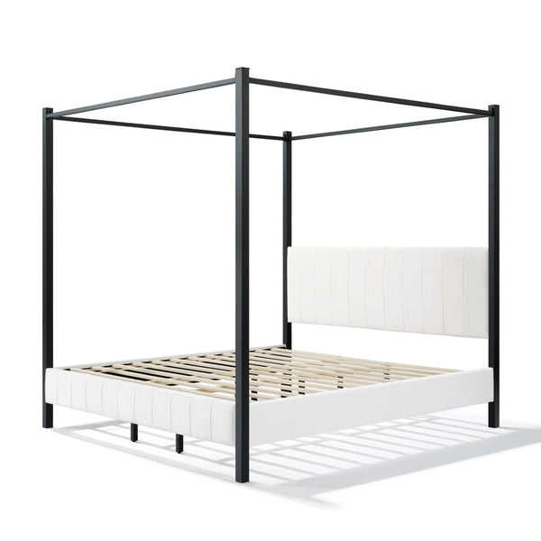English Elm King Canopy Bed Matte Black Four Post Frame with Tufted Upholstered Headboard N758K646465W