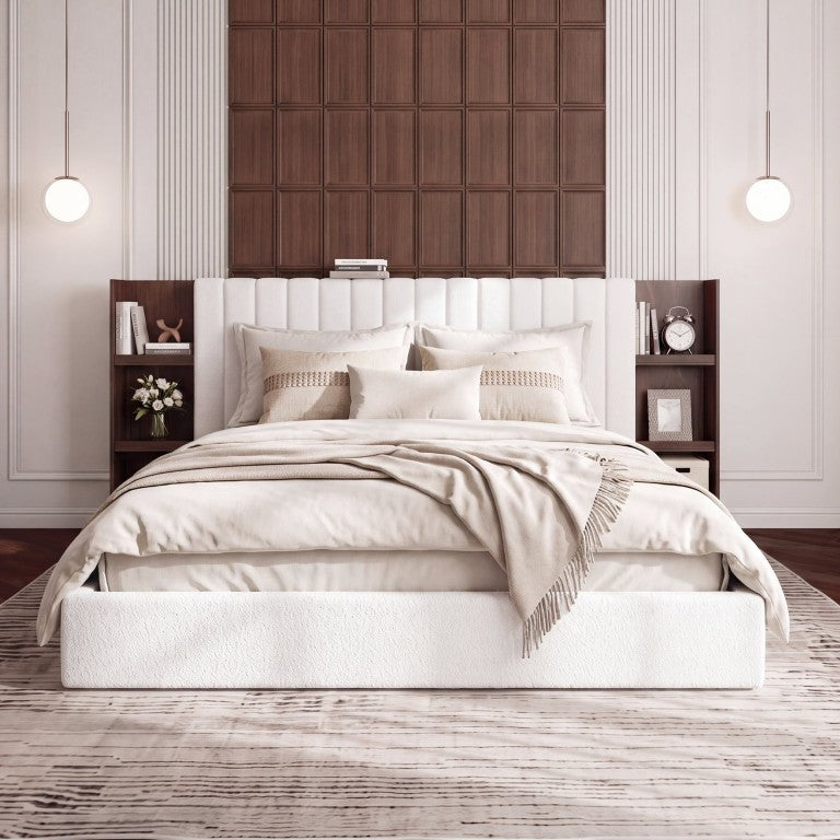 English Elm Vertical Channel Tufted King Platform Bed with Flanking Dark Wood Open Shelving Units N758K798687D