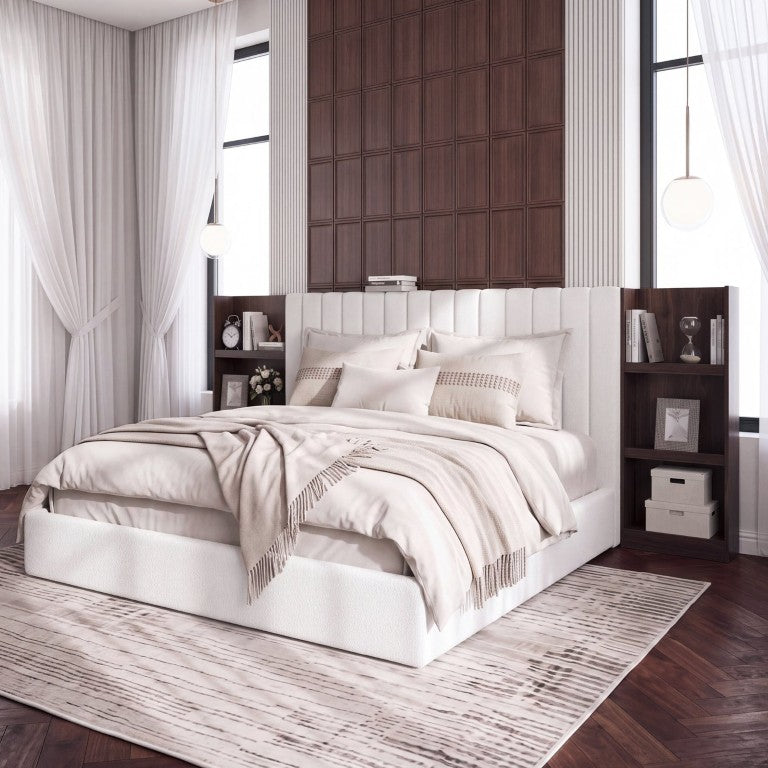 English Elm Vertical Channel Tufted King Platform Bed with Flanking Dark Wood Open Shelving Units N758K798687D