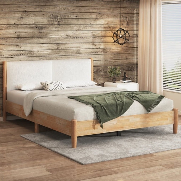 English Elm Queen Platform Bed Natural Wood Frame Beige Upholstered Headboard Low Profile Design N758P306699N