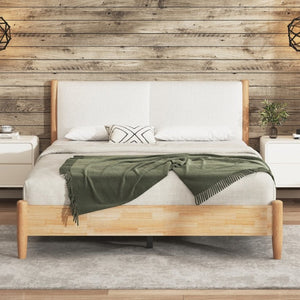 English Elm Queen Platform Bed Natural Wood Frame Beige Upholstered Headboard Low Profile Design N758P306699N