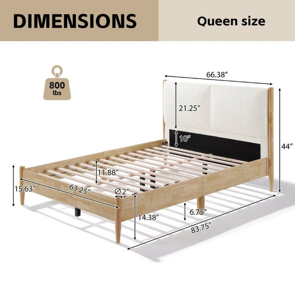 English Elm Queen Platform Bed Natural Wood Frame Beige Upholstered Headboard Low Profile Design N758P306699N
