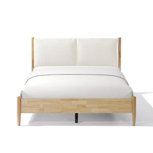 English Elm Queen Platform Bed Natural Wood Frame Beige Upholstered Headboard Low Profile Design N758P306699N